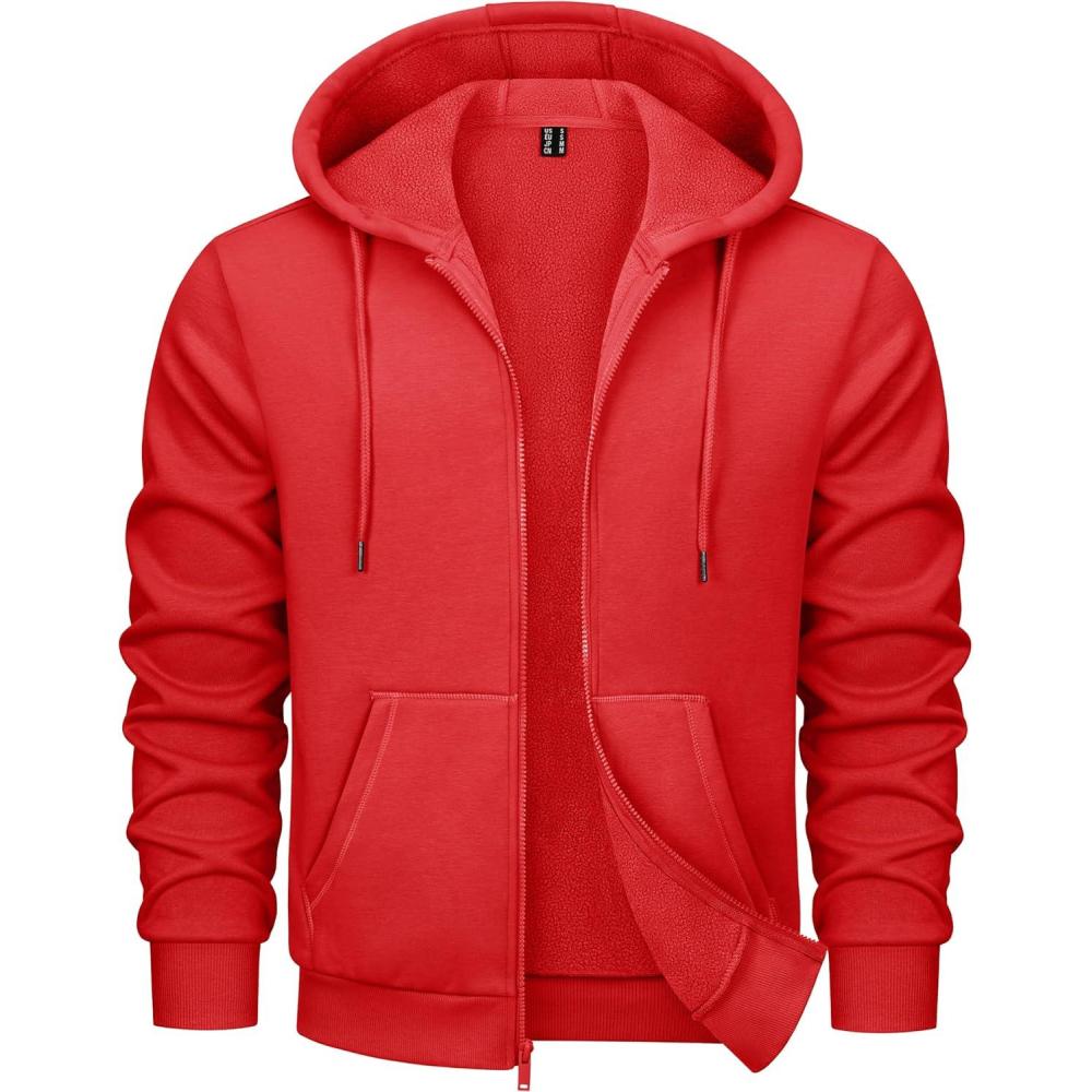 imageMAGCOMSEN Mens Hoodies Full Zip Up Sweatshirt Fleece Lined Midweigt Hooded Jacket with Pockets Casual Sports SweaterTomato