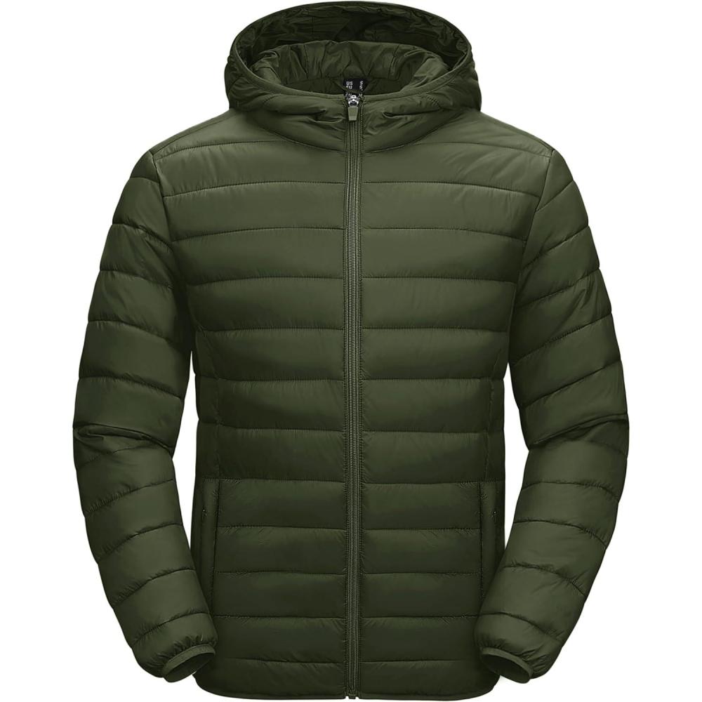 imageMAGCOMSEN Mens Lightweight Puffer Jacket Hooded Warm Winter Coat Quilted Lined WaterResistant Full Zip Bubble JacketsArmy Green