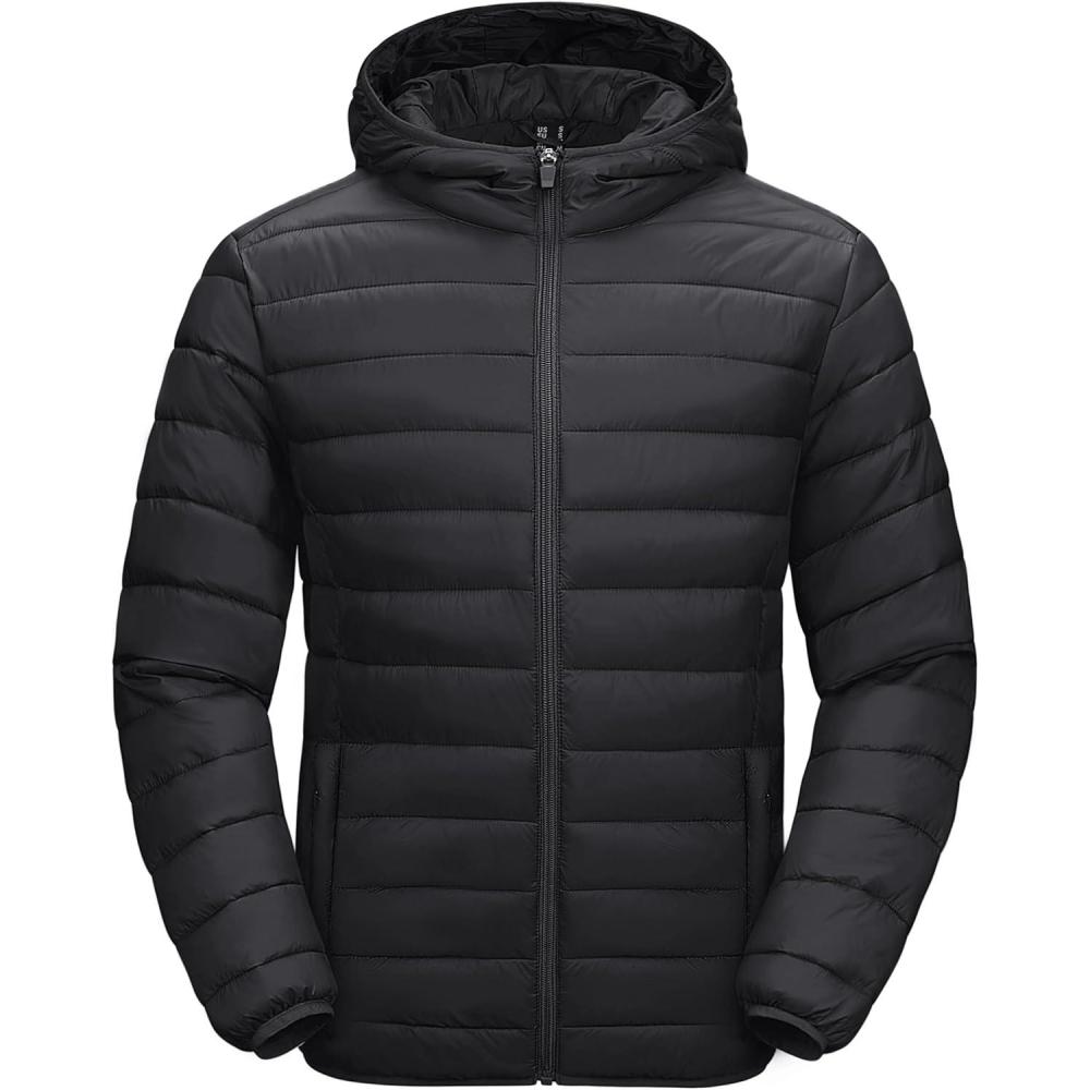imageMAGCOMSEN Mens Lightweight Puffer Jacket Hooded Warm Winter Coat Quilted Lined WaterResistant Full Zip Bubble JacketsBlack