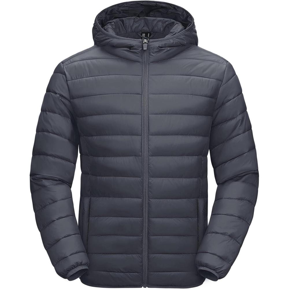 imageMAGCOMSEN Mens Lightweight Puffer Jacket Hooded Warm Winter Coat Quilted Lined WaterResistant Full Zip Bubble JacketsDark Grey