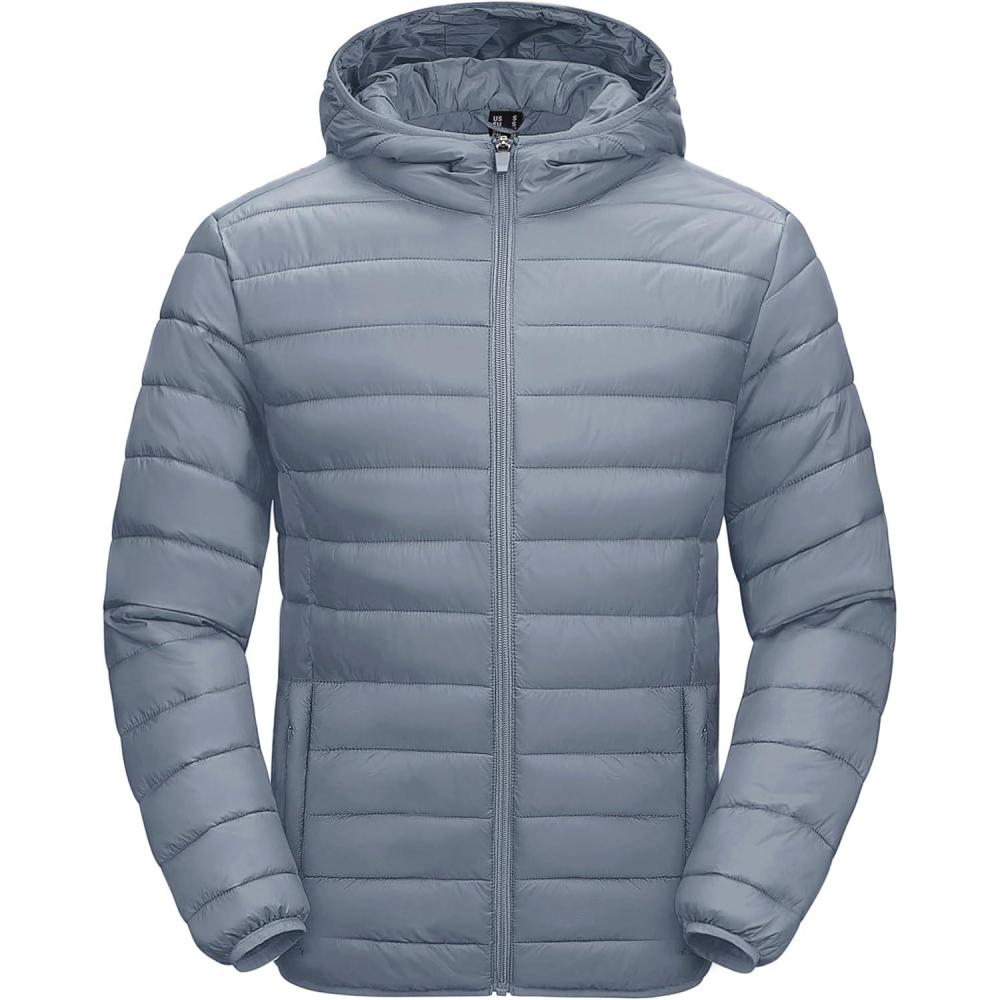 imageMAGCOMSEN Mens Lightweight Puffer Jacket Hooded Warm Winter Coat Quilted Lined WaterResistant Full Zip Bubble JacketsLight Grey