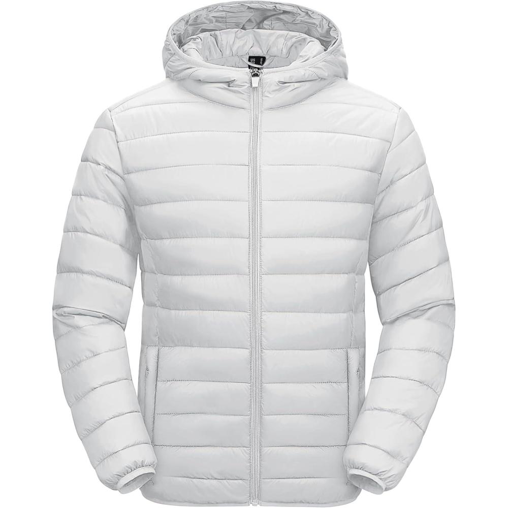 imageMAGCOMSEN Mens Lightweight Puffer Jacket Hooded Warm Winter Coat Quilted Lined WaterResistant Full Zip Bubble JacketsWhite