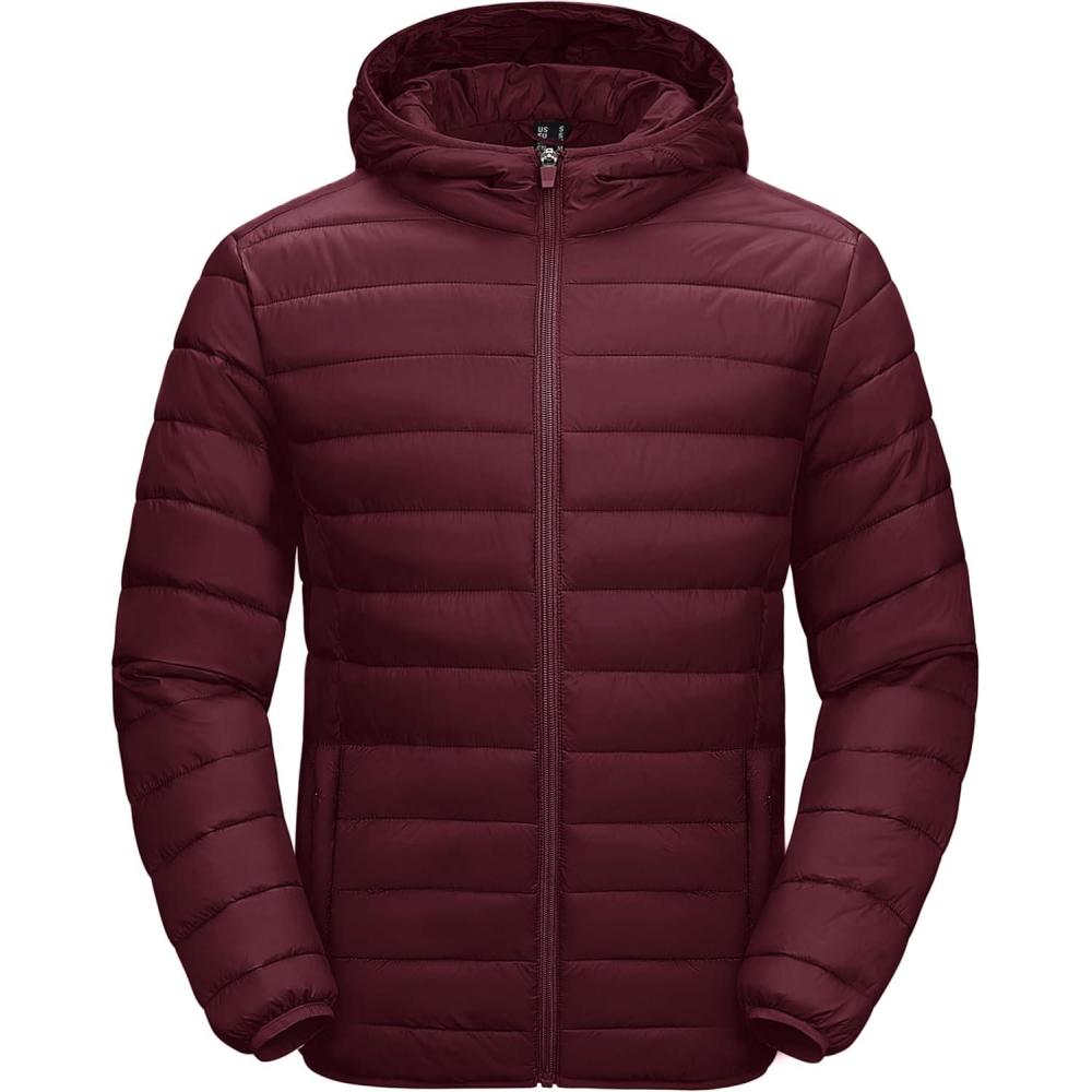 imageMAGCOMSEN Mens Lightweight Puffer Jacket Hooded Warm Winter Coat Quilted Lined WaterResistant Full Zip Bubble JacketsWine Red