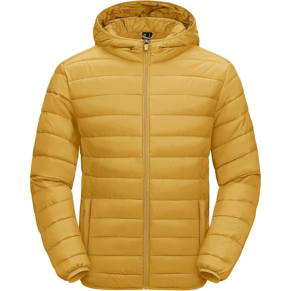 imageMAGCOMSEN Mens Lightweight Puffer Jacket Hooded Warm Winter Coat Quilted Lined WaterResistant Full Zip Bubble JacketsYellow