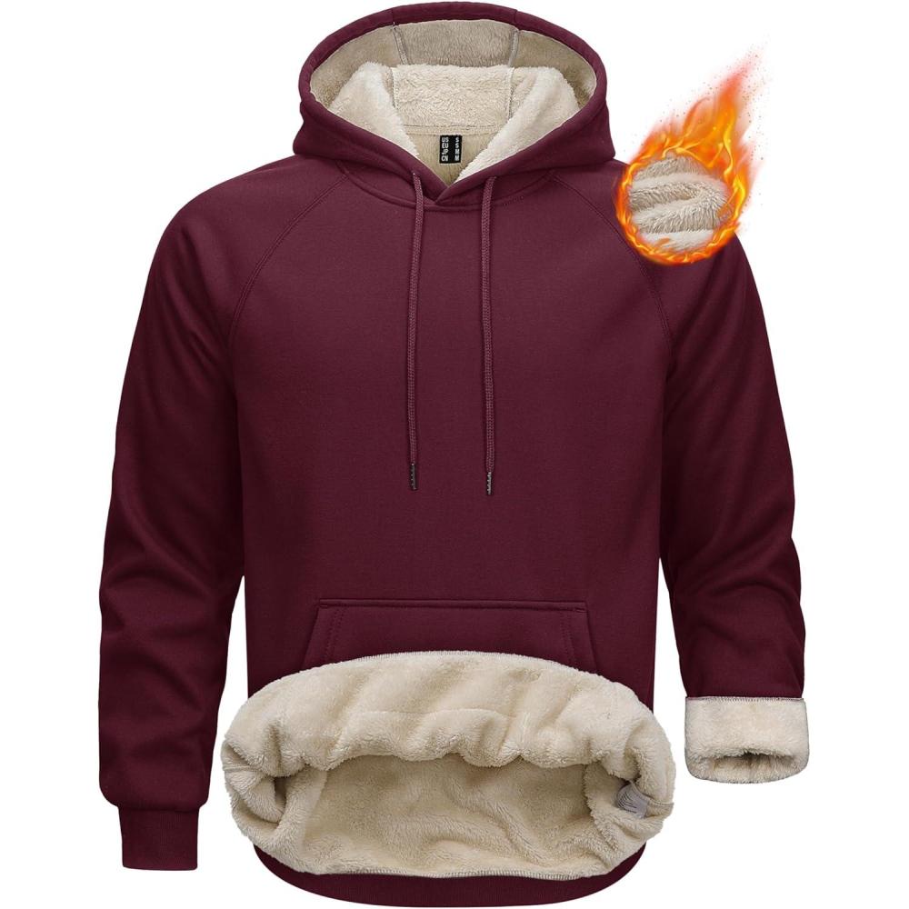 imageMAGCOMSEN Mens Sherpa Hoodie Heavyweight Fleece Lined Thick Winter Thermal Athletic Sweatshirt with Kangaroo PocketWinered