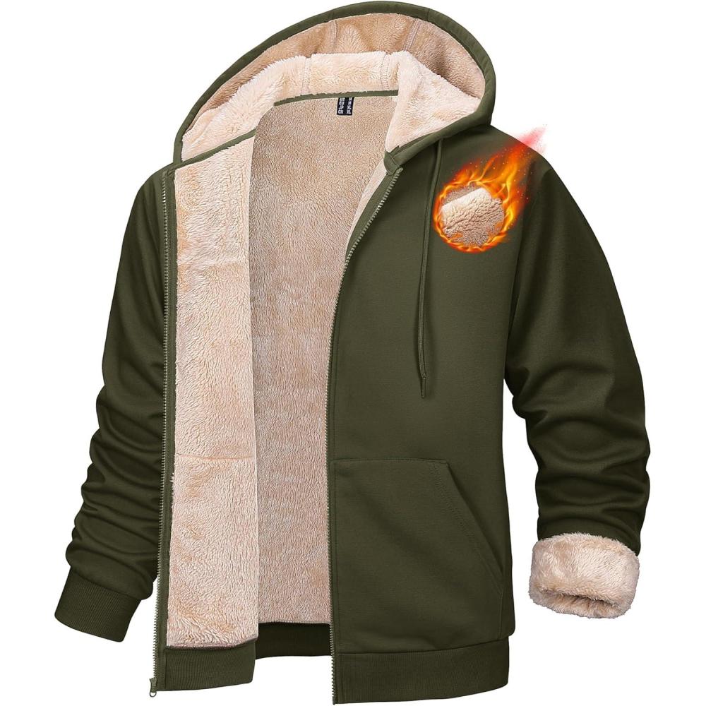 imageMAGCOMSEN Mens Zip Up Hoodie Sherpa Lined Hooded Sweatshirt Winter Heavyweight Hoodies Warm Thick Fleece JacketArmy Green