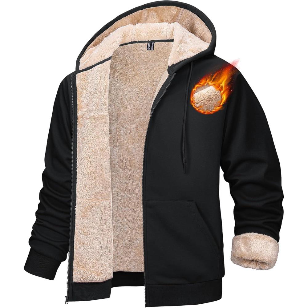 imageMAGCOMSEN Mens Zip Up Hoodie Sherpa Lined Hooded Sweatshirt Winter Heavyweight Hoodies Warm Thick Fleece JacketBlack