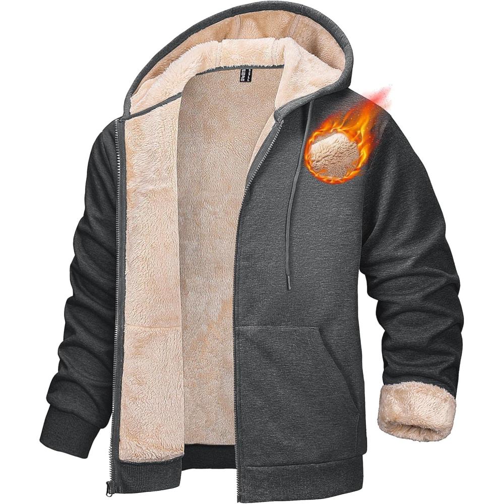 imageMAGCOMSEN Mens Zip Up Hoodie Sherpa Lined Hooded Sweatshirt Winter Heavyweight Hoodies Warm Thick Fleece JacketDark Gray