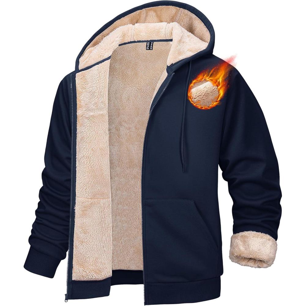 imageMAGCOMSEN Mens Zip Up Hoodie Sherpa Lined Hooded Sweatshirt Winter Heavyweight Hoodies Warm Thick Fleece JacketNavy