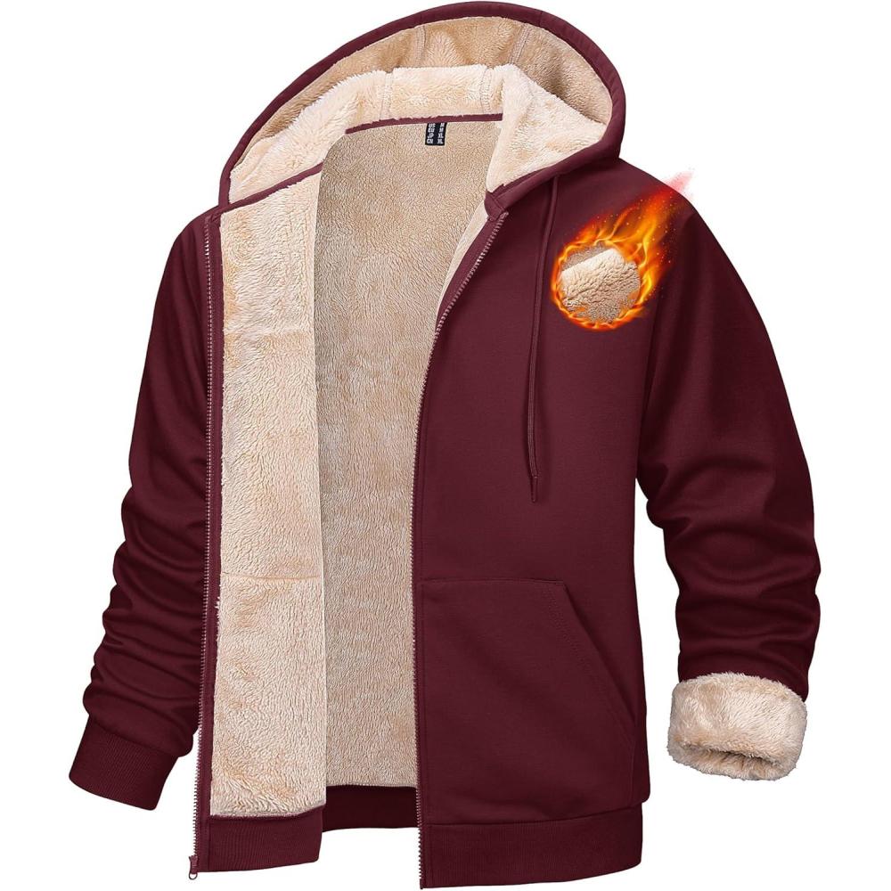 imageMAGCOMSEN Mens Zip Up Hoodie Sherpa Lined Hooded Sweatshirt Winter Heavyweight Hoodies Warm Thick Fleece JacketWine Red