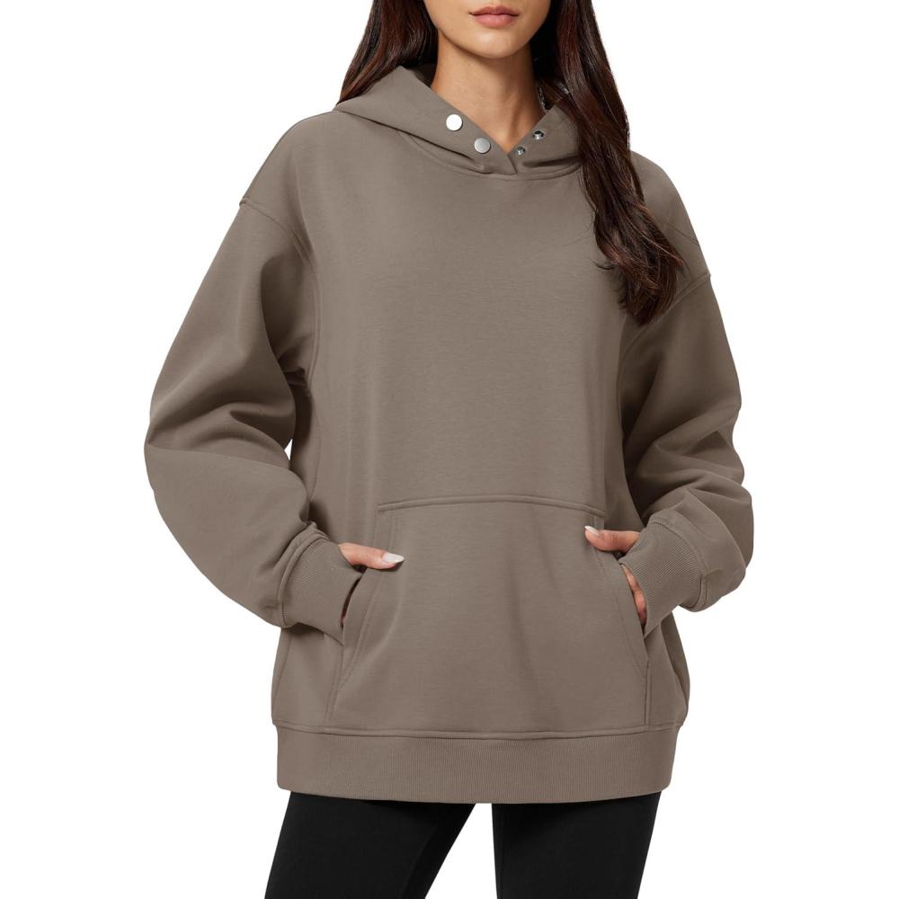 imageMAGCOMSEN Oversized Hoodies for Women Fleece Pullover Sweatshirts Warm Cozy Sweaters Workout Winter Fall HoodieCoffee Grey