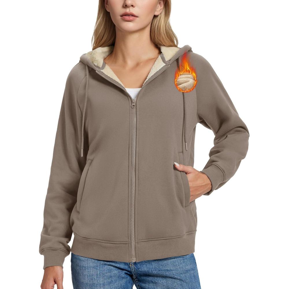 imageMAGCOMSEN Womens Zip Up Hoodies Sherpa Fleece Lined Sweatshirts Hooded Winter Coat Thick Warm Jackets Casual Cold WeatherCoffee Gray