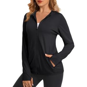 imageMAGCOMSEN Jackets for Women Full Zip Up Lightweight Long Sleeve UPF 50 Workout Workout Sun Protection HoodieBlack