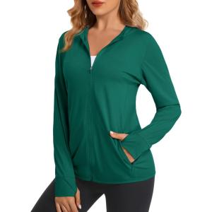imageMAGCOMSEN Jackets for Women Full Zip Up Lightweight Long Sleeve UPF 50 Workout Workout Sun Protection HoodieEmerald Green