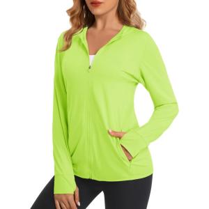 imageMAGCOMSEN Jackets for Women Full Zip Up Lightweight Long Sleeve UPF 50 Workout Workout Sun Protection HoodieFluorescent Green