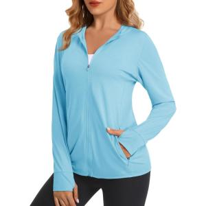 imageMAGCOMSEN Jackets for Women Full Zip Up Lightweight Long Sleeve UPF 50 Workout Workout Sun Protection HoodieLight Blue
