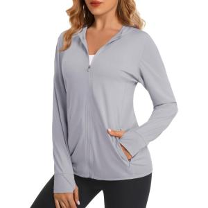 imageMAGCOMSEN Jackets for Women Full Zip Up Lightweight Long Sleeve UPF 50 Workout Workout Sun Protection HoodieLight Grey