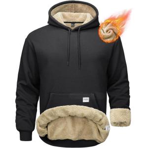 imageMAGCOMSEN Mens Hoodie Pullover Fleece Sweatshirts Heavyweight Sherpa Lined Thick Warm Winter Hoodies with Kangaroo PocketBlack