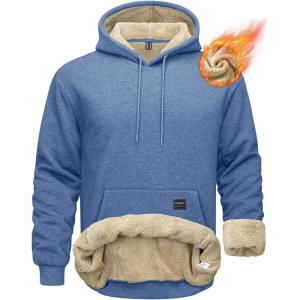 imageMAGCOMSEN Mens Hoodie Pullover Fleece Sweatshirts Heavyweight Sherpa Lined Thick Warm Winter Hoodies with Kangaroo PocketGrey Blue