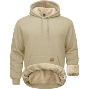 imageMAGCOMSEN Mens Hoodie Pullover Fleece Sweatshirts Heavyweight Sherpa Lined Thick Warm Winter Hoodies with Kangaroo PocketKhaki