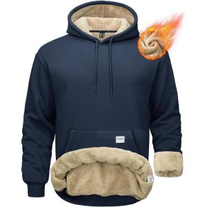 imageMAGCOMSEN Mens Hoodie Pullover Fleece Sweatshirts Heavyweight Sherpa Lined Thick Warm Winter Hoodies with Kangaroo PocketNavy