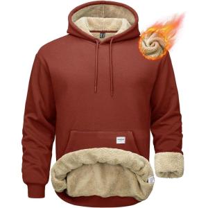 imageMAGCOMSEN Mens Hoodie Pullover Fleece Sweatshirts Heavyweight Sherpa Lined Thick Warm Winter Hoodies with Kangaroo PocketOrangered