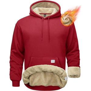 imageMAGCOMSEN Mens Hoodie Pullover Fleece Sweatshirts Heavyweight Sherpa Lined Thick Warm Winter Hoodies with Kangaroo PocketRed