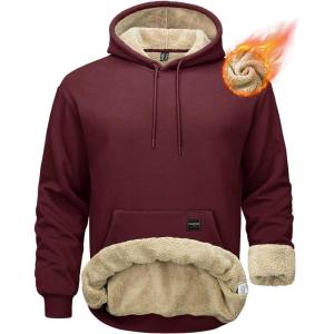imageMAGCOMSEN Mens Hoodie Pullover Fleece Sweatshirts Heavyweight Sherpa Lined Thick Warm Winter Hoodies with Kangaroo PocketWinered