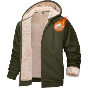 imageMAGCOMSEN Mens Zip Up Hoodie Sherpa Lined Hooded Sweatshirt Winter Heavyweight Hoodies Warm Thick Fleece JacketArmy Green