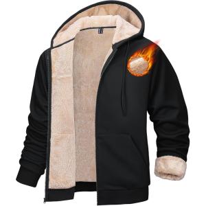 imageMAGCOMSEN Mens Zip Up Hoodie Sherpa Lined Hooded Sweatshirt Winter Heavyweight Hoodies Warm Thick Fleece JacketBlack