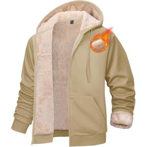 imageMAGCOMSEN Mens Zip Up Hoodie Sherpa Lined Hooded Sweatshirt Winter Heavyweight Hoodies Warm Thick Fleece JacketKhaki
