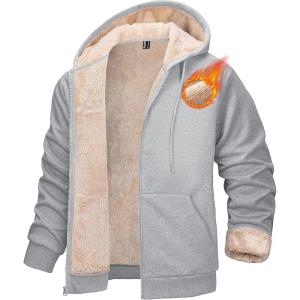 imageMAGCOMSEN Mens Zip Up Hoodie Sherpa Lined Hooded Sweatshirt Winter Heavyweight Hoodies Warm Thick Fleece JacketLight Grey