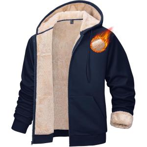 imageMAGCOMSEN Mens Zip Up Hoodie Sherpa Lined Hooded Sweatshirt Winter Heavyweight Hoodies Warm Thick Fleece JacketNavy