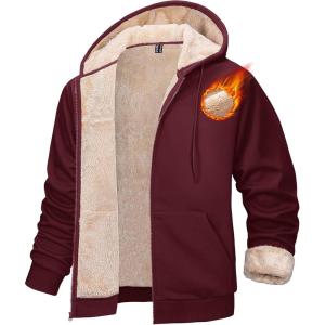 imageMAGCOMSEN Mens Zip Up Hoodie Sherpa Lined Hooded Sweatshirt Winter Heavyweight Hoodies Warm Thick Fleece JacketWine Red