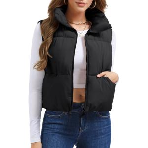 imageMAGCOMSEN Womens Cropped Puffer Vest Lightweight Zip Up Stand Collar Winter Fashion Outerwear Sleeveless Padded GiletBlack