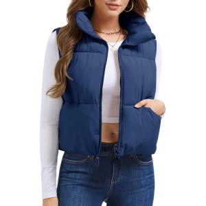 imageMAGCOMSEN Womens Cropped Puffer Vest Lightweight Zip Up Stand Collar Winter Fashion Outerwear Sleeveless Padded GiletDarkblue