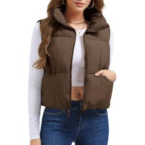imageMAGCOMSEN Womens Cropped Puffer Vest Lightweight Zip Up Stand Collar Winter Fashion Outerwear Sleeveless Padded GiletDarkbrown