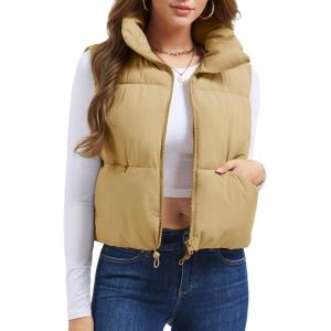 imageMAGCOMSEN Womens Cropped Puffer Vest Lightweight Zip Up Stand Collar Winter Fashion Outerwear Sleeveless Padded GiletDarkkhaki