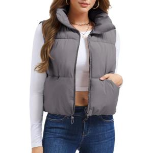 imageMAGCOMSEN Womens Cropped Puffer Vest Lightweight Zip Up Stand Collar Winter Fashion Outerwear Sleeveless Padded GiletGreypurple