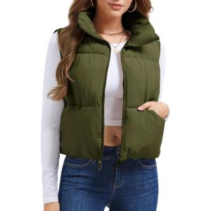 imageMAGCOMSEN Womens Cropped Puffer Vest Lightweight Zip Up Stand Collar Winter Fashion Outerwear Sleeveless Padded GiletOlivegreen
