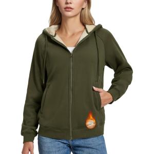 imageMAGCOMSEN Womens Zip Up Hoodies Sherpa Fleece Lined Sweatshirts Hooded Winter Coat Thick Warm Jackets Casual Cold WeatherArmy Green