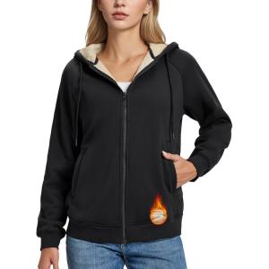 imageMAGCOMSEN Womens Zip Up Hoodies Sherpa Fleece Lined Sweatshirts Hooded Winter Coat Thick Warm Jackets Casual Cold WeatherBlack