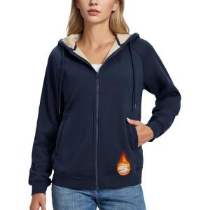 imageMAGCOMSEN Womens Zip Up Hoodies Sherpa Fleece Lined Sweatshirts Hooded Winter Coat Thick Warm Jackets Casual Cold WeatherNavy