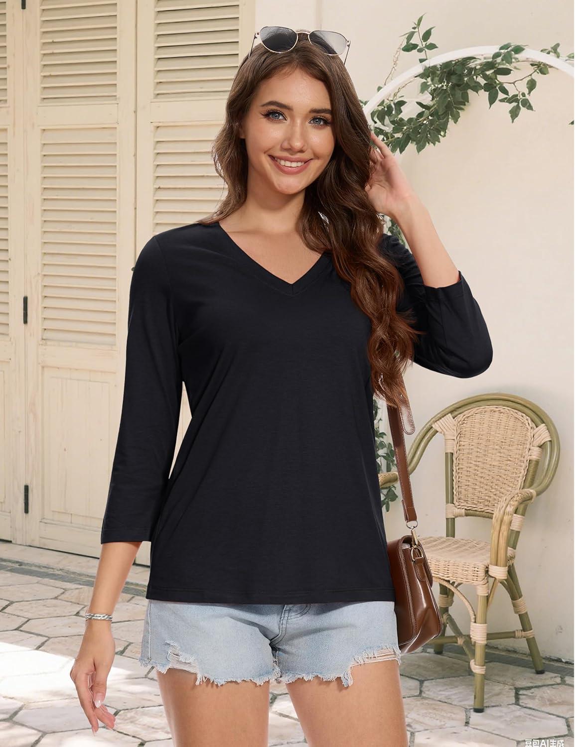 imageMAGCOMSEN 34 Sleeve T Shirts for Women V Neck Tshirts Cotton UPF50 Summer Tops Casual TShirts Basic Tees 2025Black