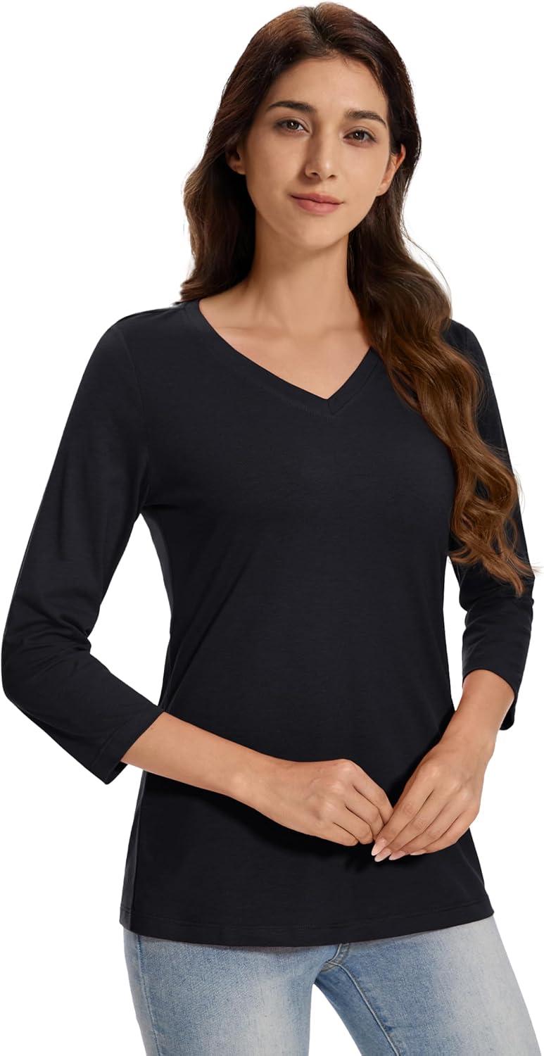 imageMAGCOMSEN 34 Sleeve T Shirts for Women V Neck Tshirts Cotton UPF50 Summer Tops Casual TShirts Basic Tees 2025Black
