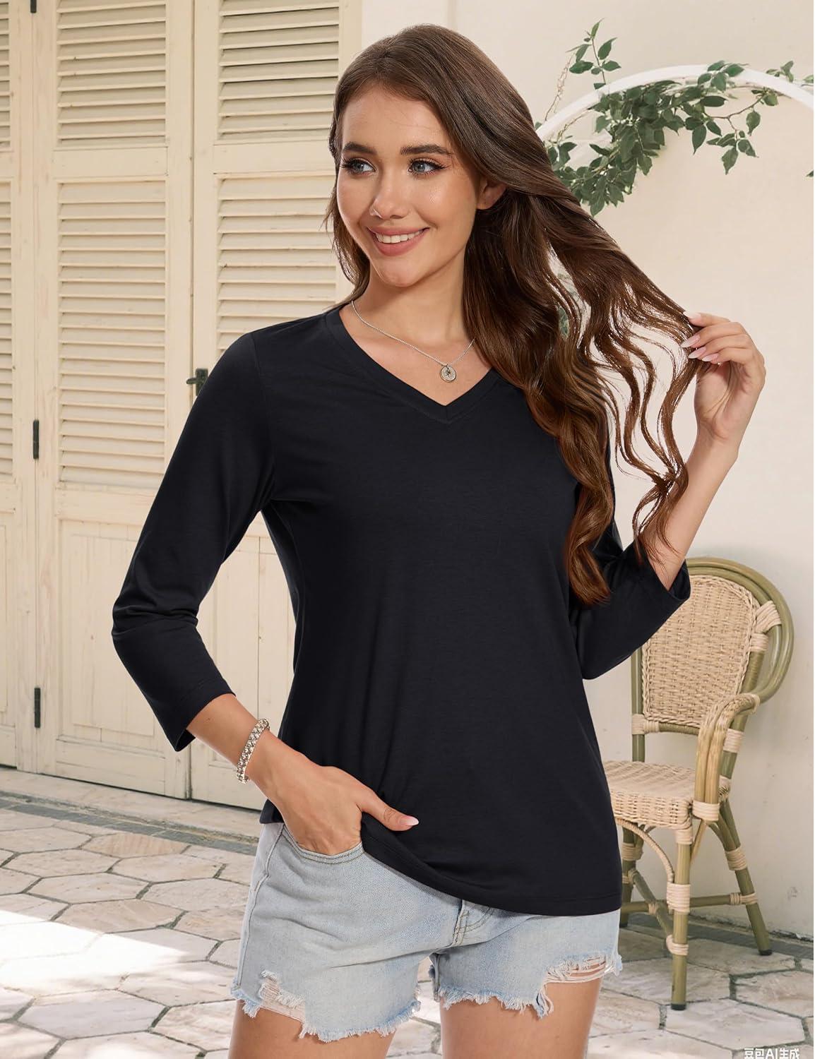 imageMAGCOMSEN 34 Sleeve T Shirts for Women V Neck Tshirts Cotton UPF50 Summer Tops Casual TShirts Basic Tees 2025Black