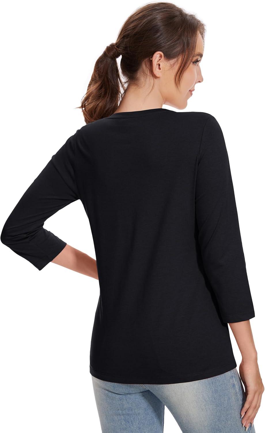 imageMAGCOMSEN 34 Sleeve T Shirts for Women V Neck Tshirts Cotton UPF50 Summer Tops Casual TShirts Basic Tees 2025Black