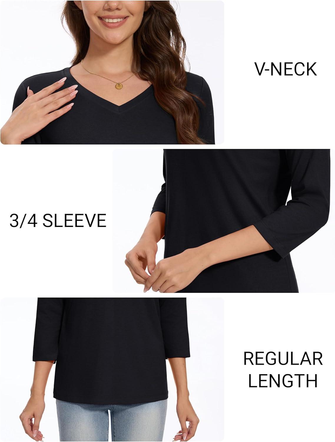 imageMAGCOMSEN 34 Sleeve T Shirts for Women V Neck Tshirts Cotton UPF50 Summer Tops Casual TShirts Basic Tees 2025Black