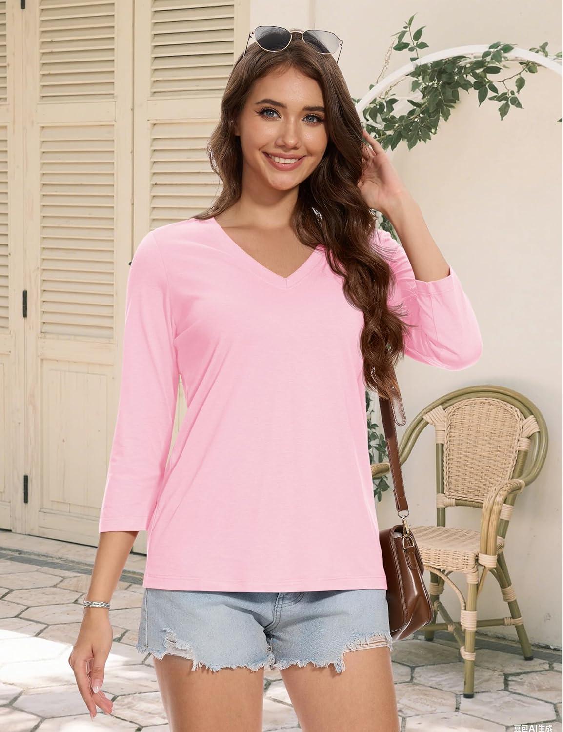 imageMAGCOMSEN 34 Sleeve T Shirts for Women V Neck Tshirts Cotton UPF50 Summer Tops Casual TShirts Basic Tees 2025Lightpink
