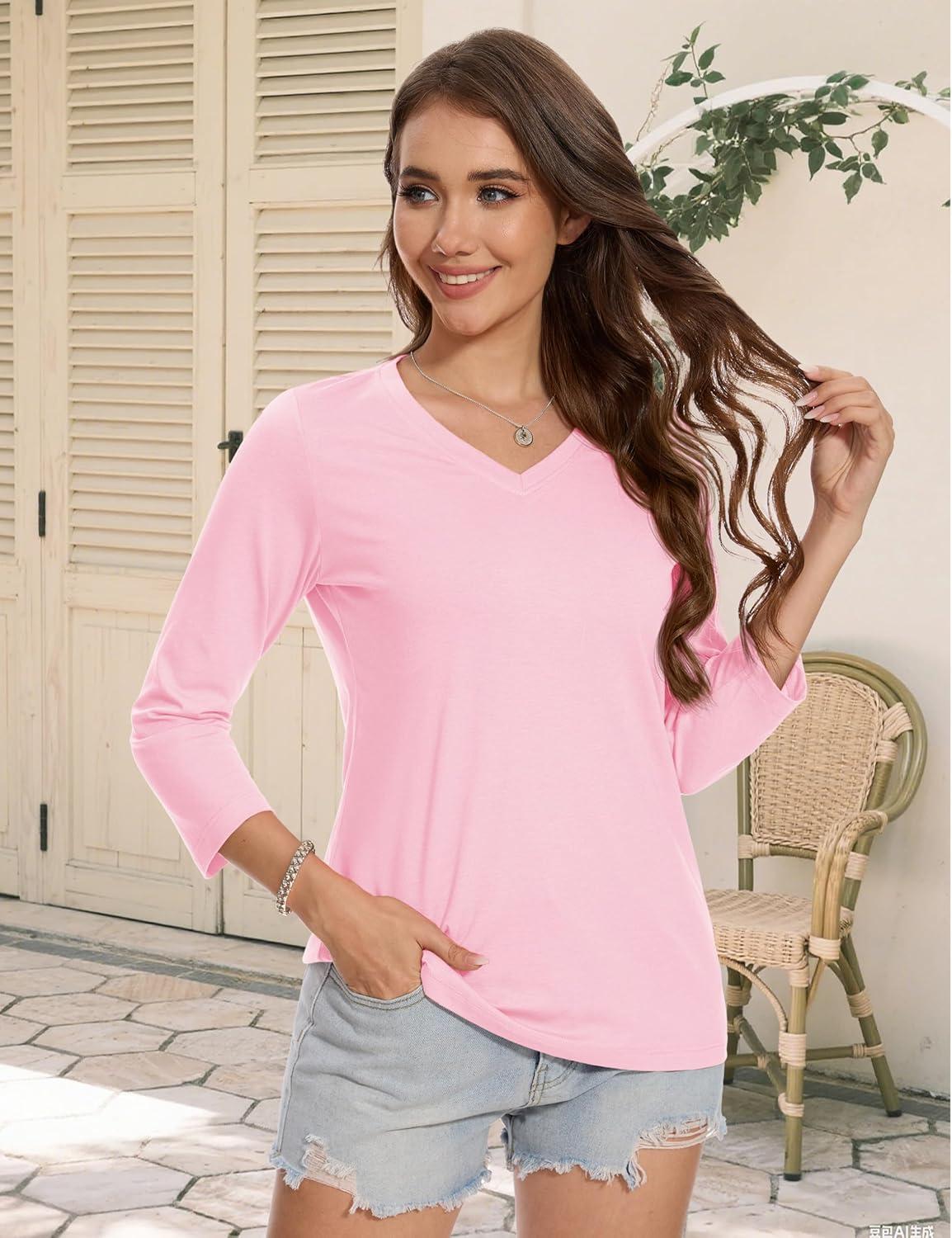 imageMAGCOMSEN 34 Sleeve T Shirts for Women V Neck Tshirts Cotton UPF50 Summer Tops Casual TShirts Basic Tees 2025Lightpink